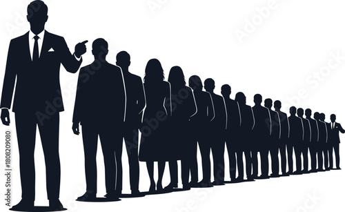 Business Leader in Suit Directing a Long Line of Business People and Employees, Illustrating Leadership, Guidance, Direction, and Followership.