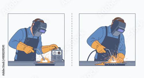 Two illustrations showing a welder at work, using equipment to join metal.