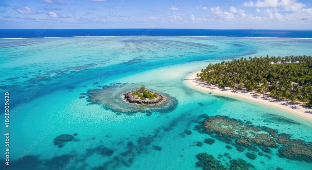 Fototapeta premium Aerial view of a tropical island paradise with turquoise waters.