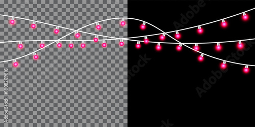 A string of pink fairy lights Vector design against a split background of transparent checkerboard and black.