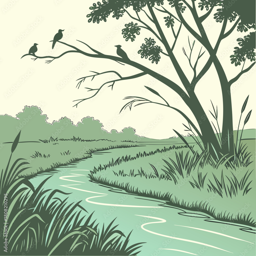 Fototapeta premium Serene river scene with birds perched on tree branches in the landscape