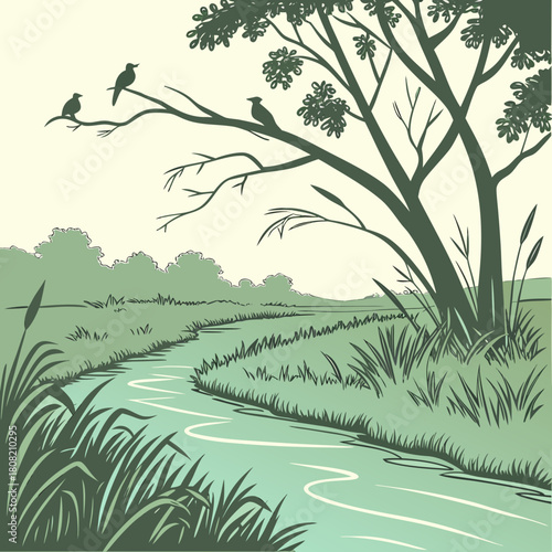 Serene river scene with birds perched on tree branches in the landscape