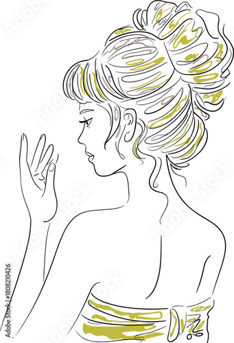 Elegant Woman with Stylish Updo Hairstyle Sketch Illustration on White Backdrop