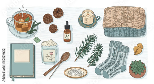 Hand-Drawn Winter Wellness Icons and Aromatherapy Set