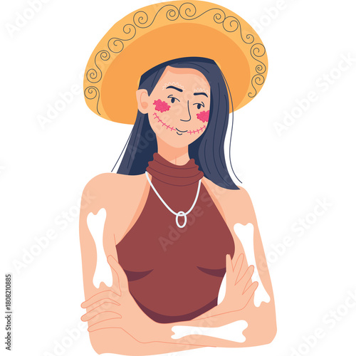 Pixel Art Portrait Of A Woman Wearing A Straw Hat And A Brown Halter Top With Crossed Arms And Skeleton Bone Details On Arms