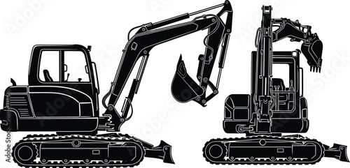 Detailed Tracked Hydraulic Excavator Vector Silhouette, Side View and Three-Quarter Profile, Illustrating Heavy Construction, Earthmoving, and Industrial Machinery.