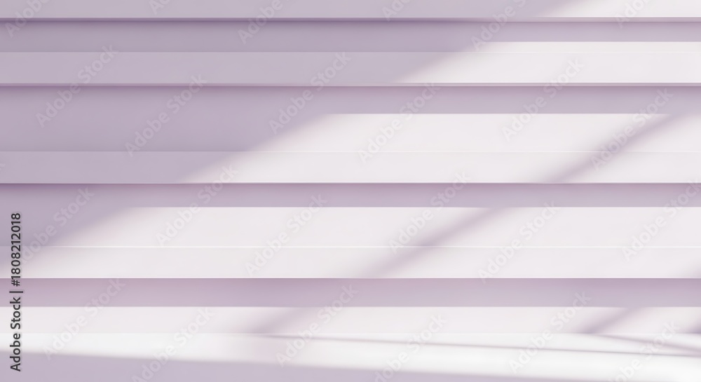 Obraz premium Minimalist abstract background showing horizontal architectural steps or tiered platforms in a soft lavender or pale purple shade, intersected by sharp diagonal sunlight and shadows.