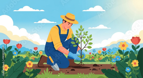 Gardener Planting Seedling – Gardening and Farming Vector Illustration
