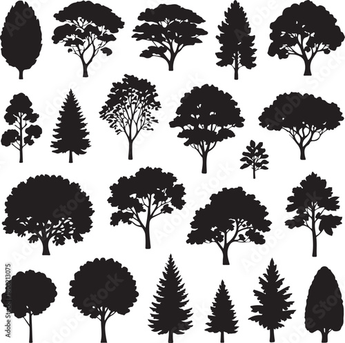 Collection of diverse tree silhouettes, many shapes and types