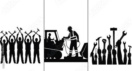 Industrial Laborers and Construction Workers United with Raised Tools, Featuring an Operator and Heavy Machinery on a Job Site, Symbolizing Industry and Unity.