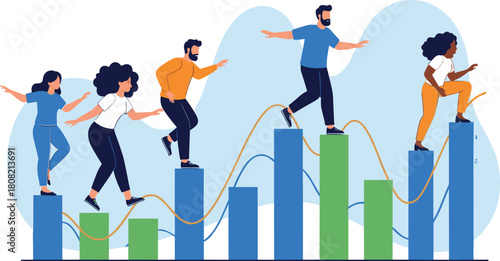 growth,progress,data,teamwork,analytics,statistics,bargraph,linegraph,people,walking,balance,success,performance,tracking,business,finance,economy,development,challenge,goals