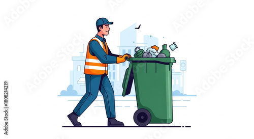 Street Cleaning Worker Moving Garbage Bin – Environmental Care Illustration