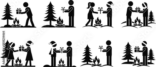 People Giving Presents by Campfire and Pine Trees, Representing Holiday Outdoor Celebration and Friendship.