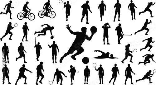 Running, Cycling, Tennis, Soccer, Swimming, and Field Hockey, Representing Fitness, Competition, and Active Lifestyle.