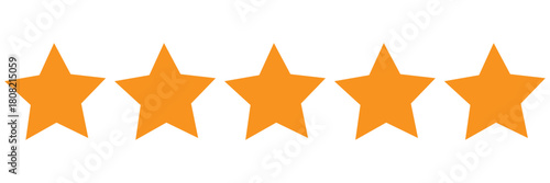 Gold star rating bar with five yellow stars. Transparent PNG for review badges, feedback ratings, score icons, and positive testimonial graphics
