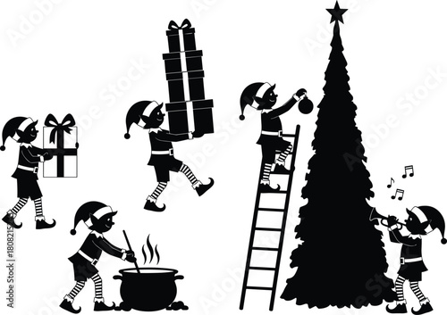 Santa's Helpers Carrying Gifts, Decorating a Christmas Tree, Stirring a Cauldron, and Announcing with a Megaphone.