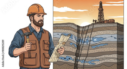 Oil Exploration and Drilling Process with Engineer – Flat Design