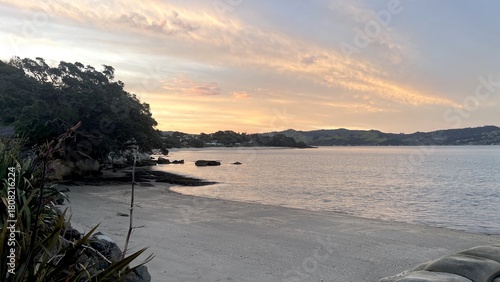 New Zealand coastal bay at sunset. 
