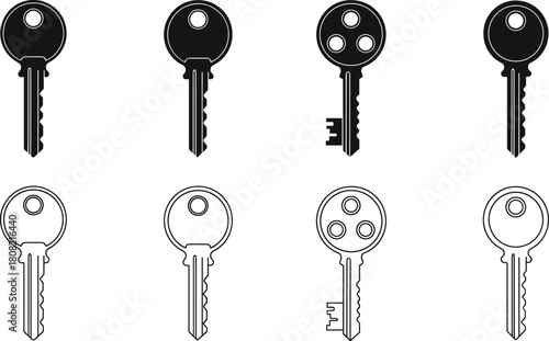 House and Car Key Silhouettes Vector Set; Solid and Outline Icons for Security, Access, Locksmith Service, Password, and Privacy Protection Design