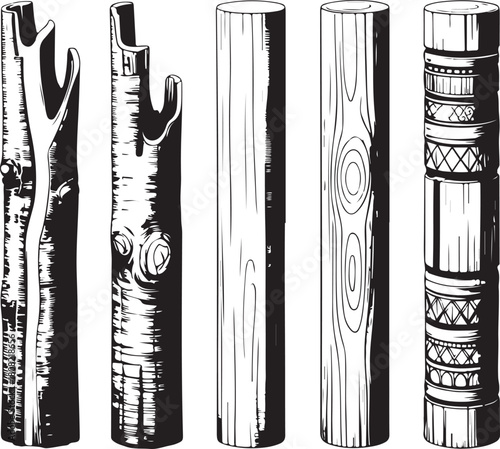 Line art set: rustic wooden logs, tree trunks and carved pole