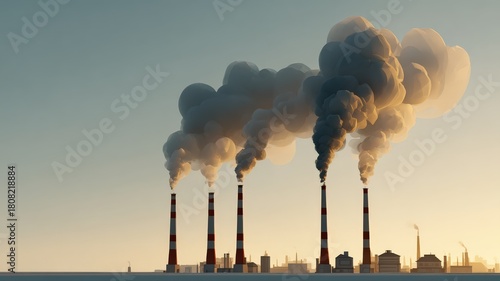 A minimalist low-poly scene of several industrial smokestacks emitting dark clouds against a clear sky, with basic factory shapes