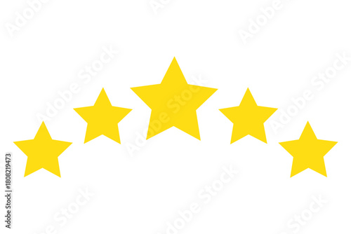 Gold star rating bar with five yellow stars. Transparent PNG for review badges, feedback ratings, score icons, and positive testimonial graphics