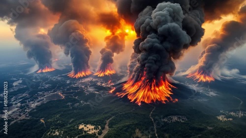 A dramatic scene of multiple volcanoes erupting, with flames and smoke billowing into the sky