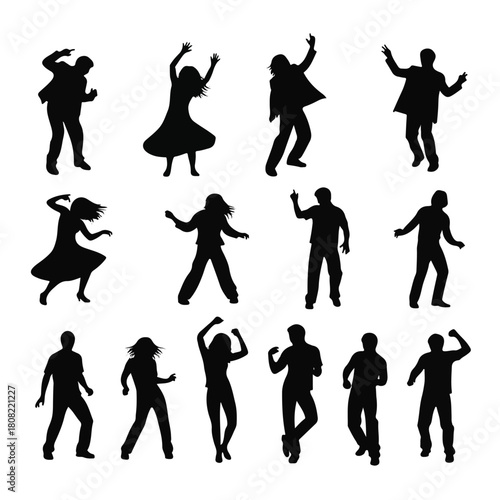 Silhouetted Figures Dancing with Joyful Energy and Dynamic Poses.
