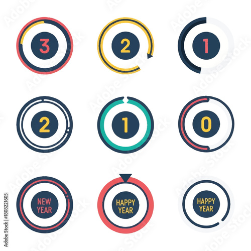 Countdown Icons for New Year Celebration with Circular Designs.