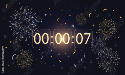 Vibrant new year countdown with golden fireworks exploding and festive confetti on a dark background, celebrating success