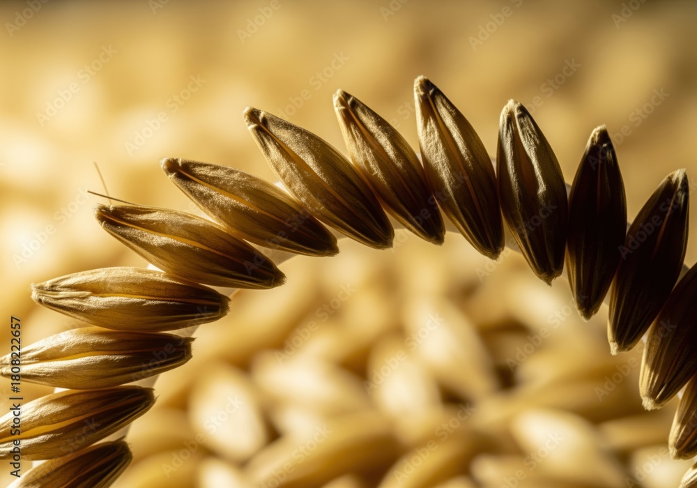 Naklejka premium Abstract macro view of golden barley grains creating a curved pattern