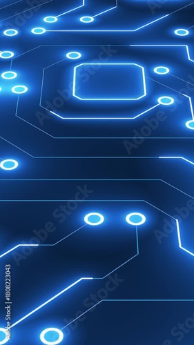 A modern vertical motion graphic featuring a digital circuit board path with glowing blue lines shown in a 3D perspective, great for virtual travel concepts in stories.
