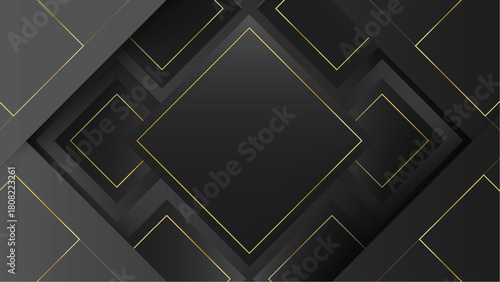 Abstract black background with layered diamond shapes and golden line details