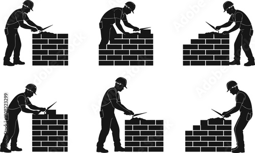 Mason or Bricklayer Worker Silhouettes Set Building Brick Walls; Construction, Labor, Engineering, and Hard Hat Profession Vector Icons for Industry