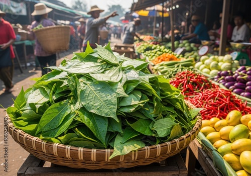 Pile of fresh betel leaves in a woven basket at a vibrant traditional asian market.