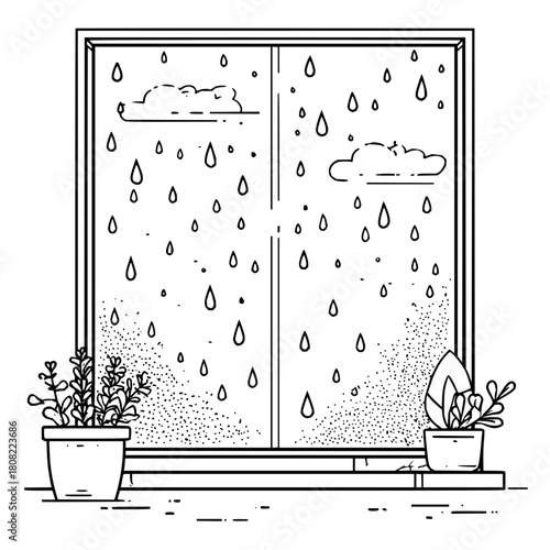 Line art window with rain drops and plants coloring page illustration for relaxation and creativity