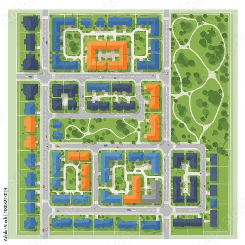 An intricately detailed, colorful top-down illustration showcasing a modern urban plan with residential buildings, winding roads, vehicles, and lush green parks.