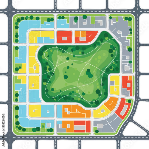 Vector illustration of a modern urban plan, with a central green park surrounded by colorful buildings and roads, ideal for sustainable city development.