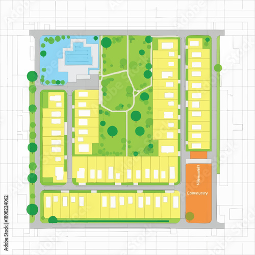 A clean, modern top-down architectural illustration showcasing a meticulously planned residential community layout with buildings, parks, and a clubhouse.