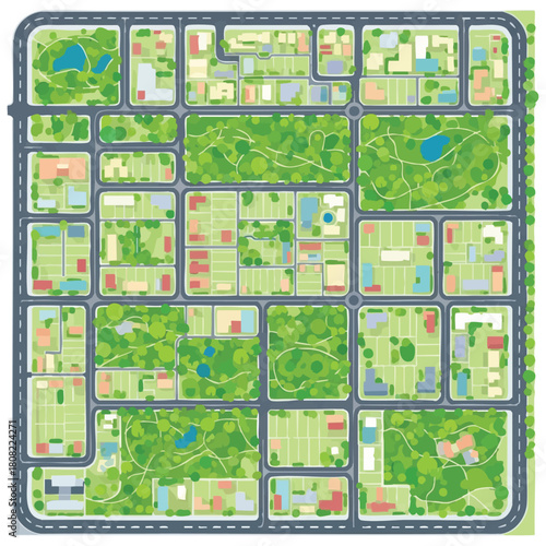 A vibrant vector illustration displays a meticulously planned urban environment from above, featuring residential blocks, lush green parks, and an organized road network.