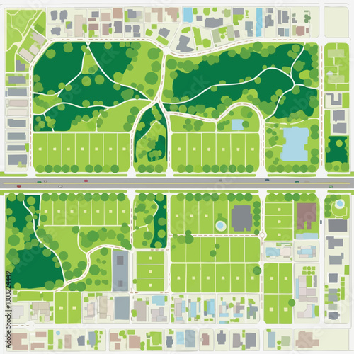 A clear overhead vector map illustrates a modern urban layout, showcasing a large green park, multiple sports fields, residential zones, and main roads.