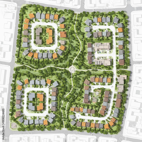 A detailed aerial architectural rendering showcases a modern, sustainable residential community master plan, featuring diverse homes, green spaces, and paths.