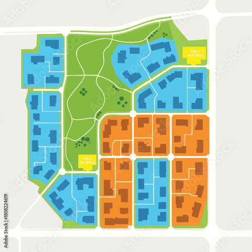 An aerial perspective showcases a vibrant, color-coded urban master plan, detailing residential zones, green spaces, and community facilities for modern living.