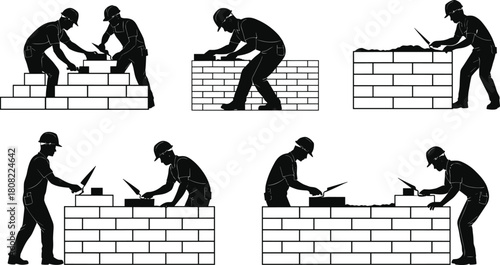 Masonry construction process, bricklayer worker silhouette laying bricks with trowel and mortar, building wall foundation, building trade occupation, professional craftsman.