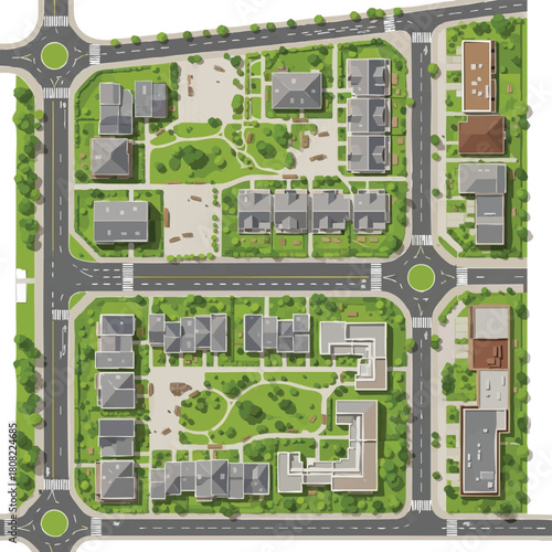 A detailed overhead illustration showcases a meticulously planned modern residential district with diverse housing, green spaces, and efficient road networks.