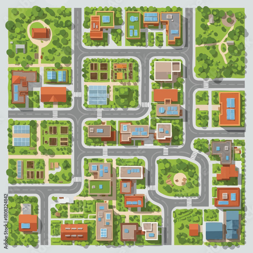 An intricate aerial illustration showcasing a vibrant, sustainable urban landscape with diverse residential buildings, green spaces, and well-planned infrastructure.