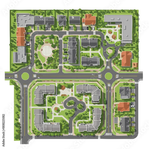 A detailed top-down view illustrates a meticulously planned modern residential district featuring diverse buildings, green spaces, and intricate road networks.