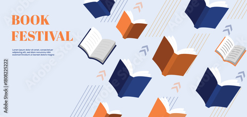 A vibrant book festival background with floating open books and text