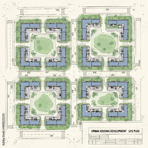 A detailed hand-drawn site plan illustrates a modern urban housing development featuring multiple residential blocks with central green courtyards and connecting infrastructure.