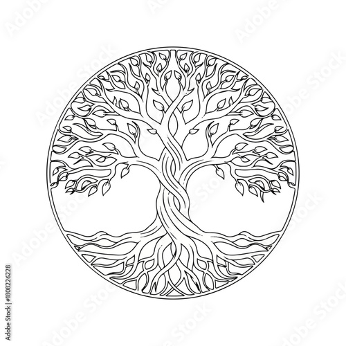 Stylized Tree of Life illustration in a circular mandala design, showcasing detailed roots and branches with lush leaves, symbolizing growth, wisdom, and eternal connection to nature and existence